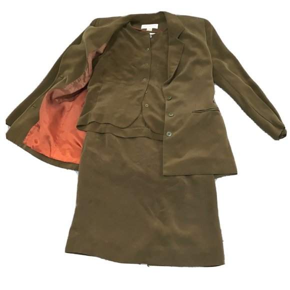 Vintage Jones New York 3 piece suit Green 100% Silk Skirt& Jacket 12 Skirt 6 - Picture 1 of 11